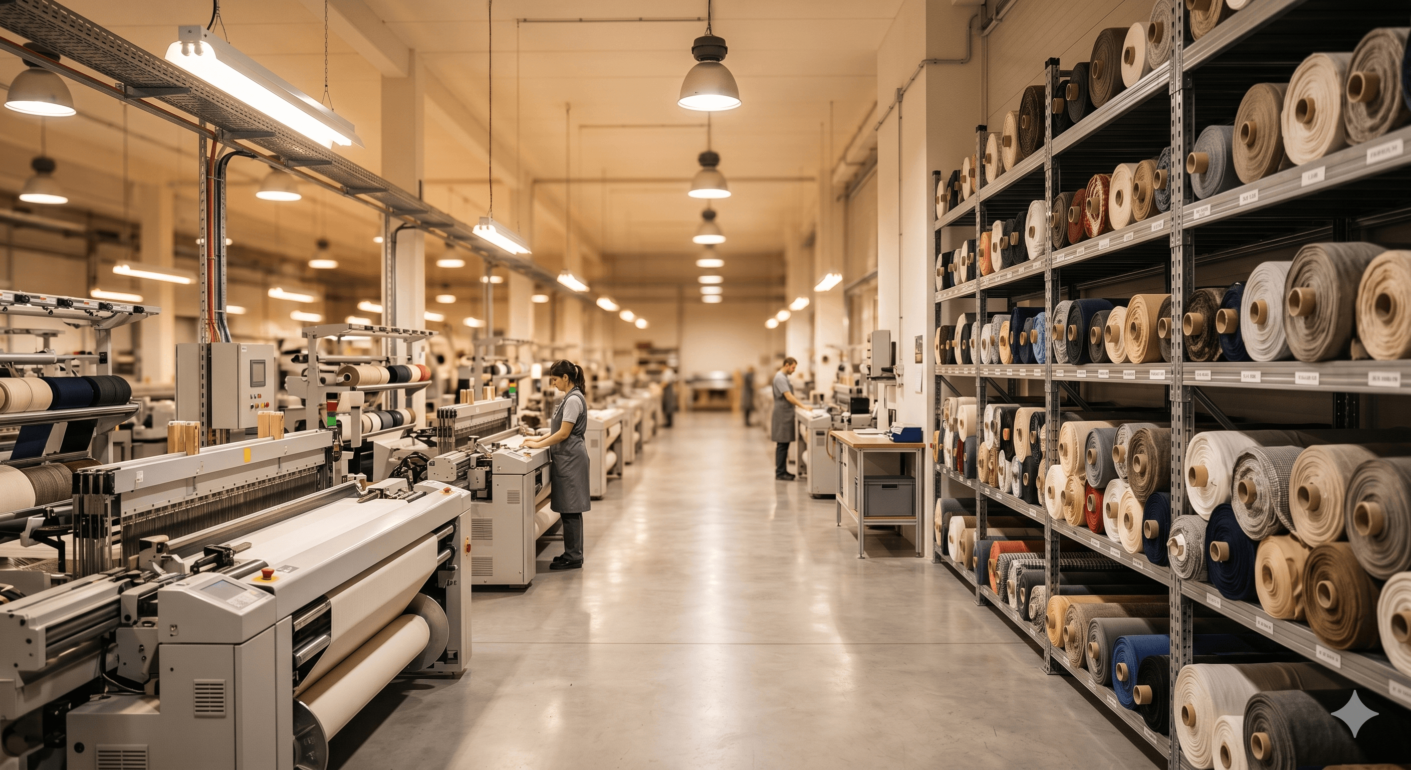 Textile factory floor with weaving machines and fabric rolls on industrial shelving