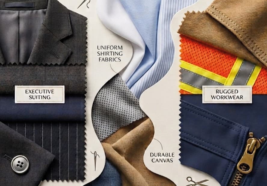 Uniform fabric swatches: executive suiting, uniform shirting, durable canvas and rugged workwear